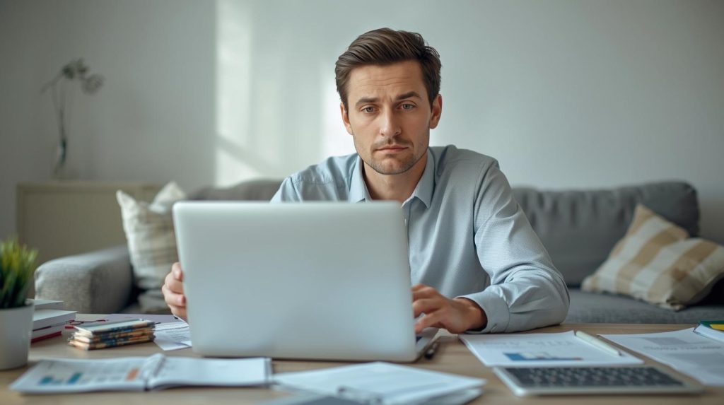 Pessoa organizando finanças pessoais em um notebook, analisando pagamentos e controle financeiro para melhorar o score de crédito.