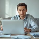 Pessoa organizando finanças pessoais em um notebook, analisando pagamentos e controle financeiro para melhorar o score de crédito.